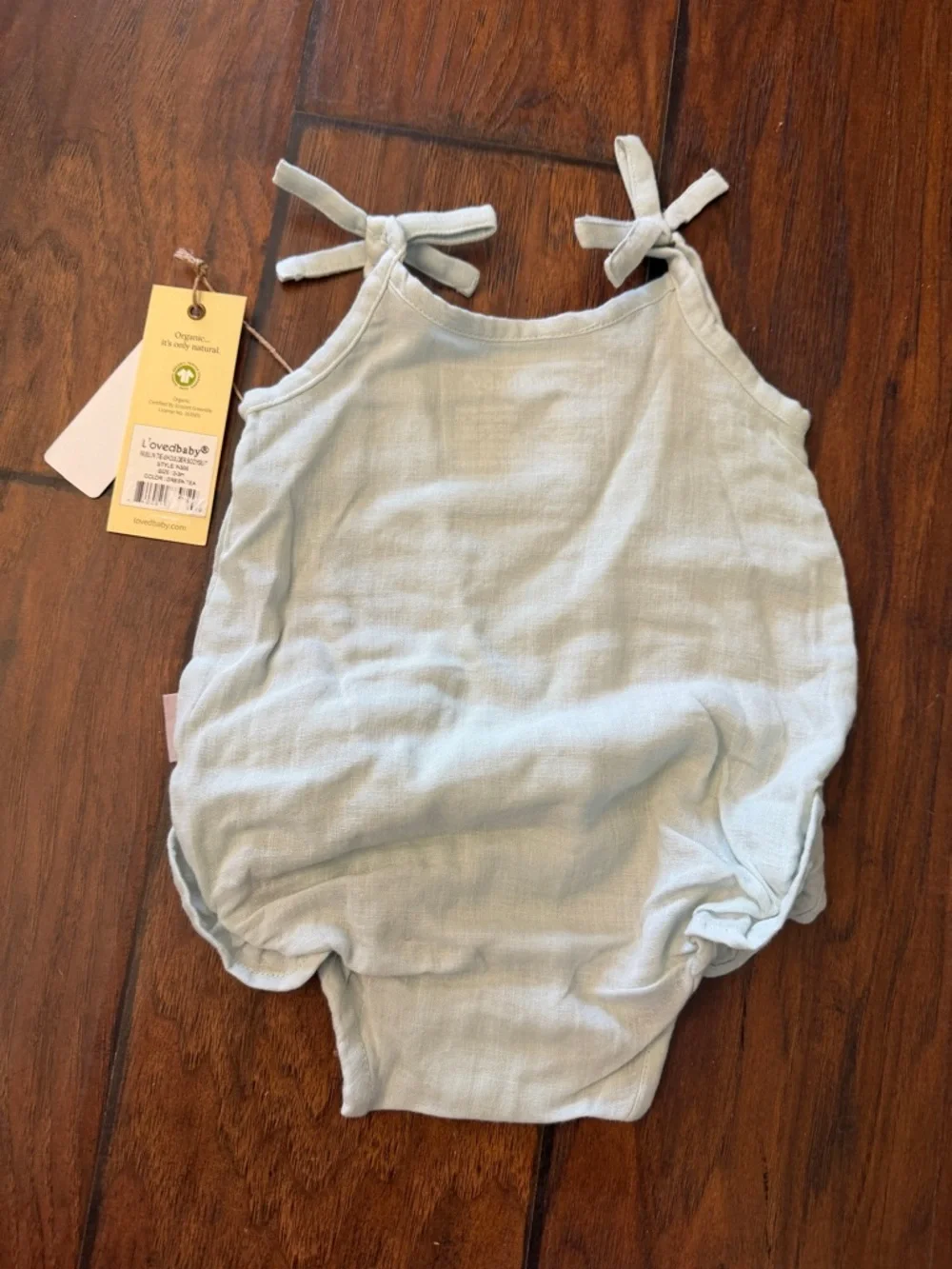0-3m NWT L'ovedbaby Girls Organic Muslin Tie-Shoulder Bodysuit-Green Tea - Picture 5 of 5